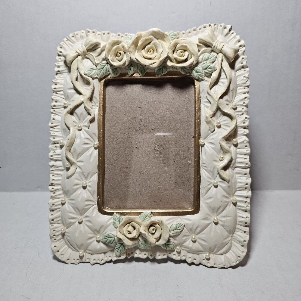 Tufted Style Floral Rose Shabby Chic Standing Picture Frame Beige  3"x 5" Photo